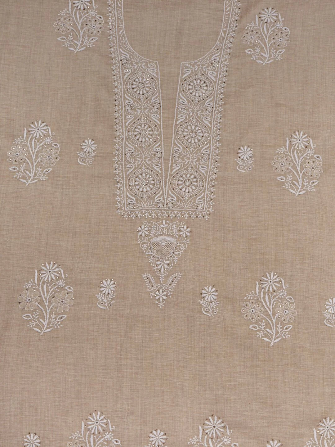 Ada Hand Embroidered Fawn Khadi Lucknowi Chikankari Unstitched Kurta Dupatta Set With Muqaish Work 01A133604