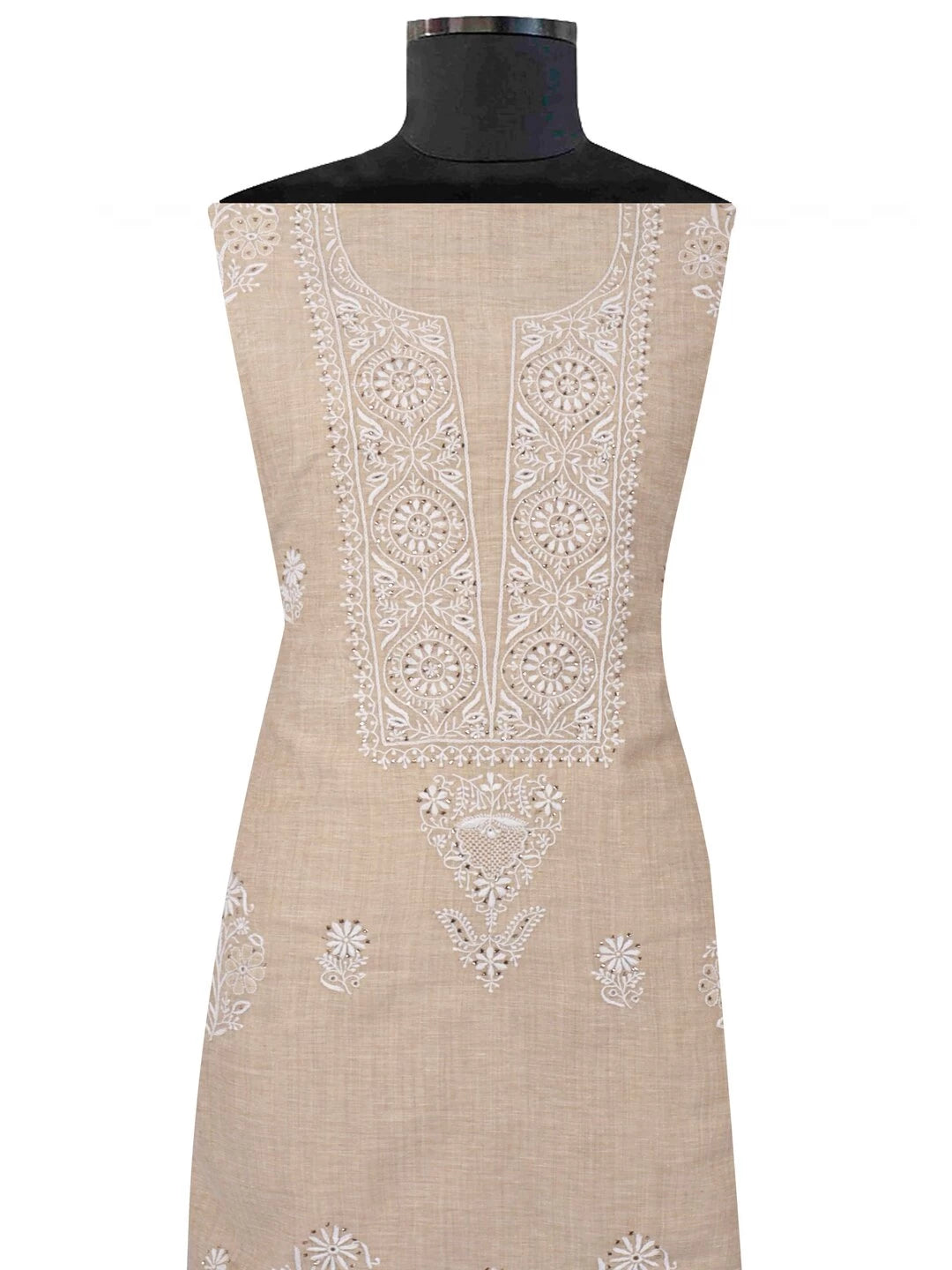 Ada Hand Embroidered Fawn Khadi Lucknowi Chikankari Unstitched Kurta Dupatta Set With Muqaish Work 01A133604