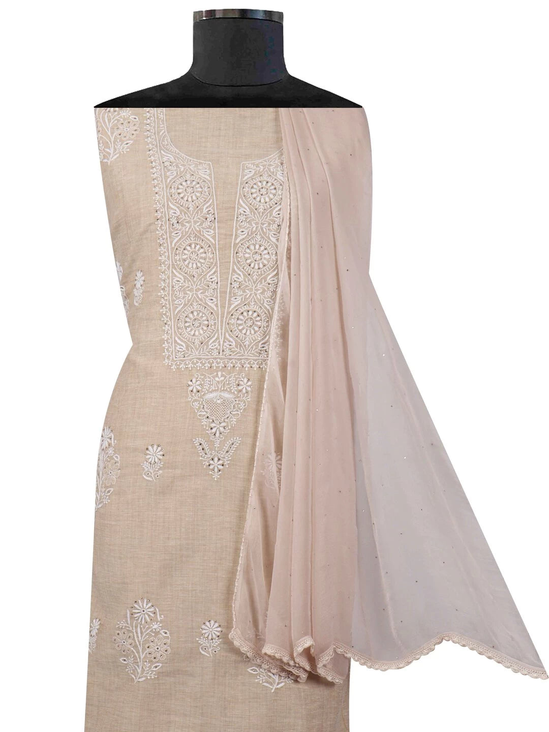 Ada Hand Embroidered Fawn Khadi Lucknowi Chikankari Unstitched Kurta Dupatta Set With Muqaish Work 01A133604