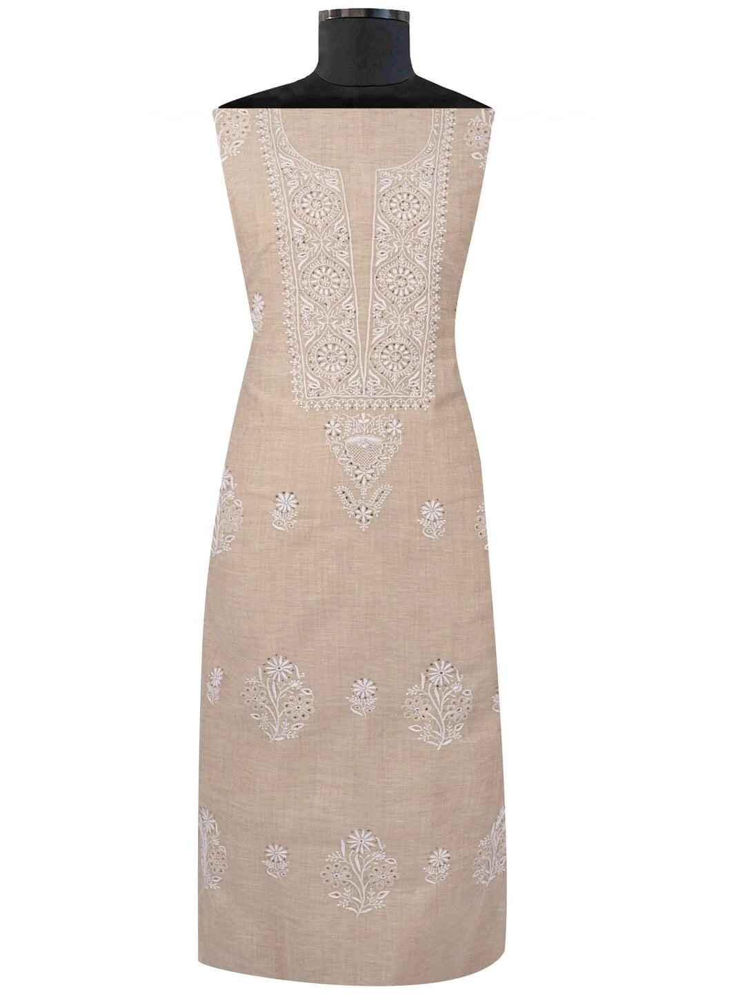 Ada Hand Embroidered Fawn Khadi Lucknowi Chikankari Unstitched Kurta Dupatta Set With Muqaish Work 01A133604