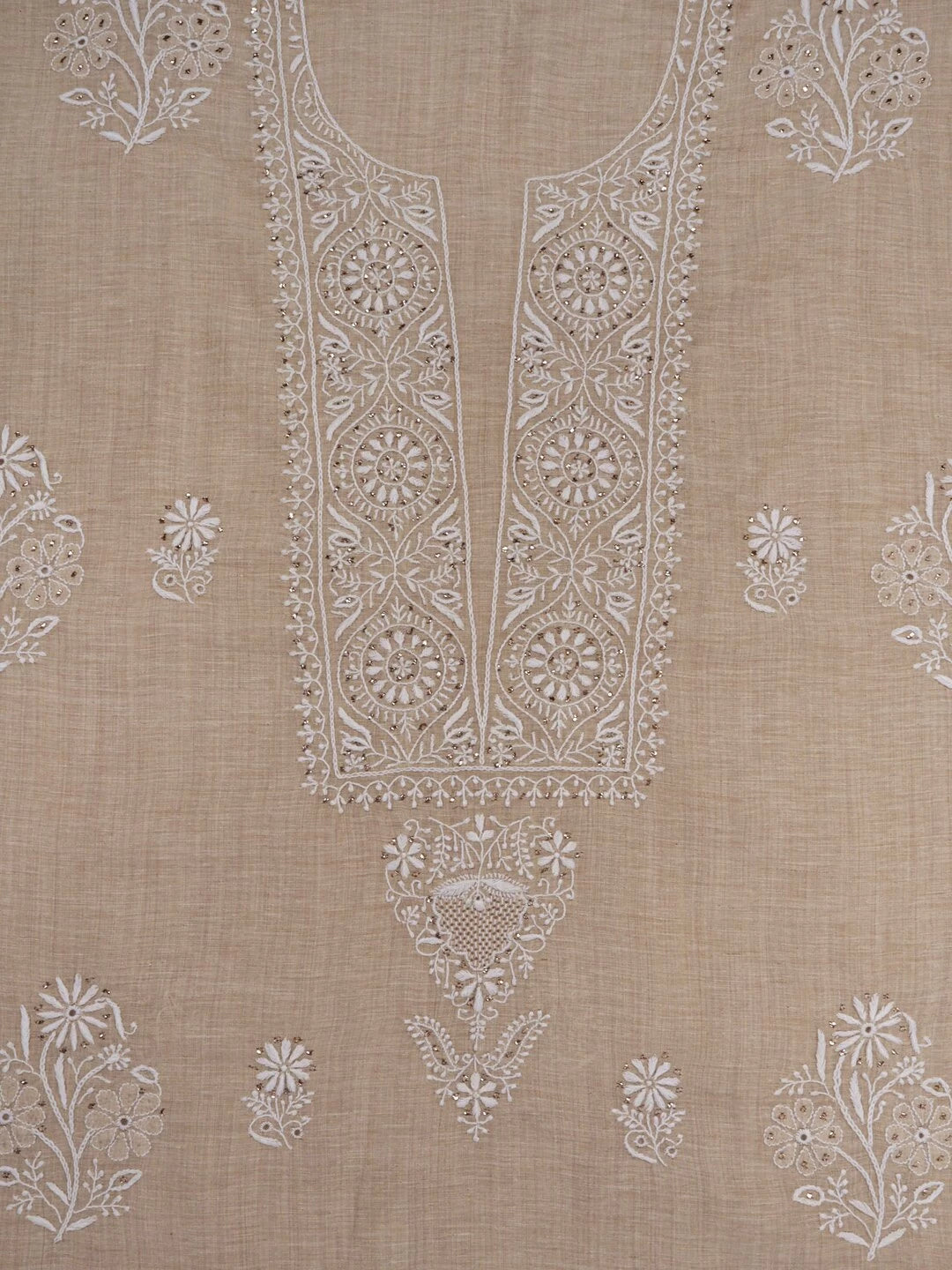 Ada Hand Embroidered Fawn Khadi Lucknowi Chikankari Unstitched Kurta Dupatta Set With Muqaish Work 01A133604