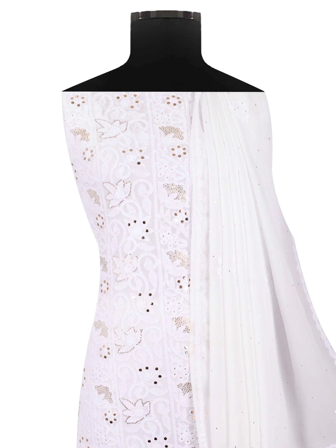 Ada Hand Embroidered White Georgette Lucknowi Chikankari Unstitched Kurta Dupatta Set With Muqaish Work 01A136210