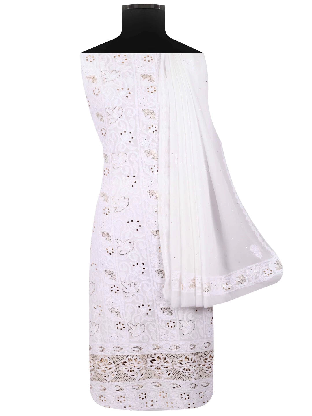 Ada Hand Embroidered White Georgette Lucknowi Chikankari Unstitched Kurta Dupatta Set With Muqaish Work 01A136210