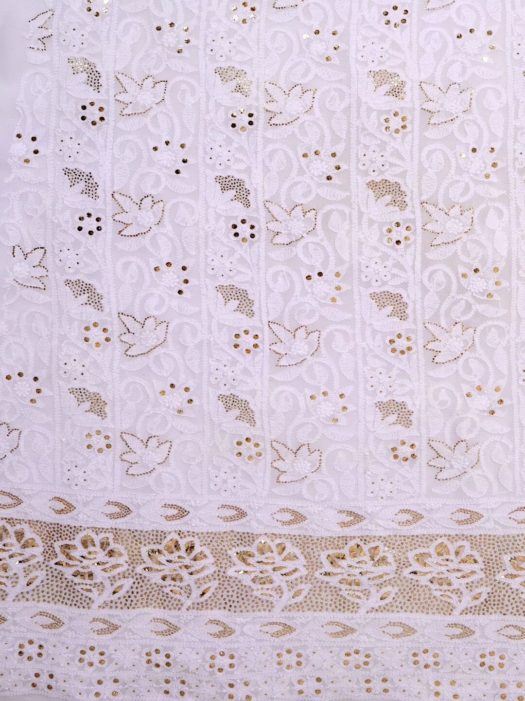 Ada Hand Embroidered White Georgette Lucknowi Chikankari Unstitched Kurta Dupatta Set With Muqaish Work 01A136210