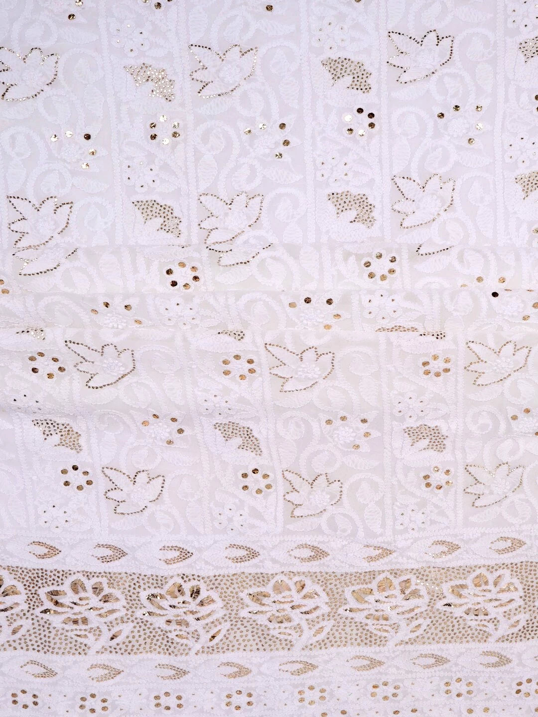 Ada Hand Embroidered White Georgette Lucknowi Chikankari Unstitched Kurta Dupatta Set With Muqaish Work 01A136210