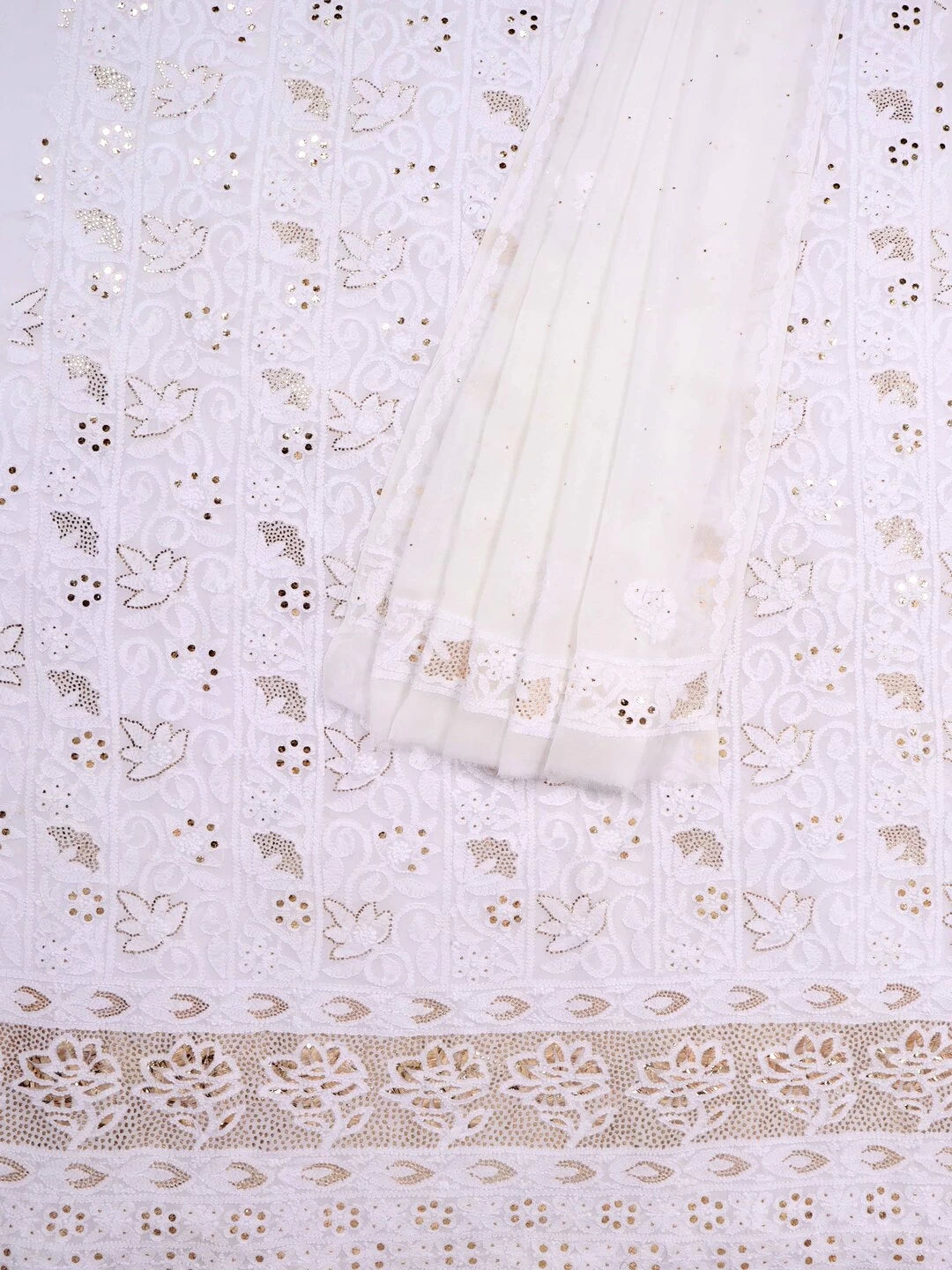 Ada Hand Embroidered White Georgette Lucknowi Chikankari Unstitched Kurta Dupatta Set With Muqaish Work 01A136210