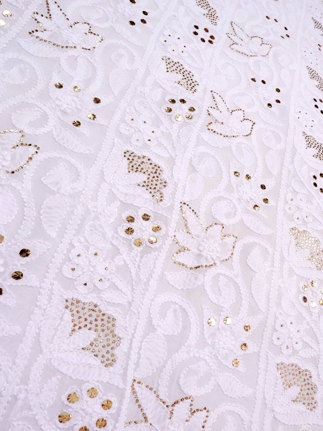 Ada Hand Embroidered White Georgette Lucknowi Chikankari Unstitched Kurta Dupatta Set With Muqaish Work 01A136210