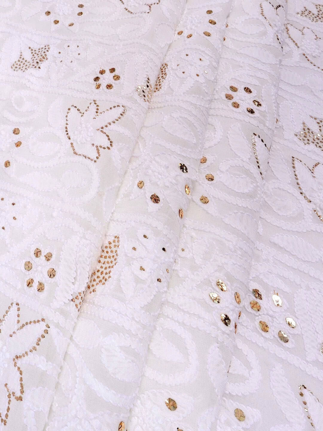 Ada Hand Embroidered White Georgette Lucknowi Chikankari Unstitched Kurta Dupatta Set With Muqaish Work 01A136210