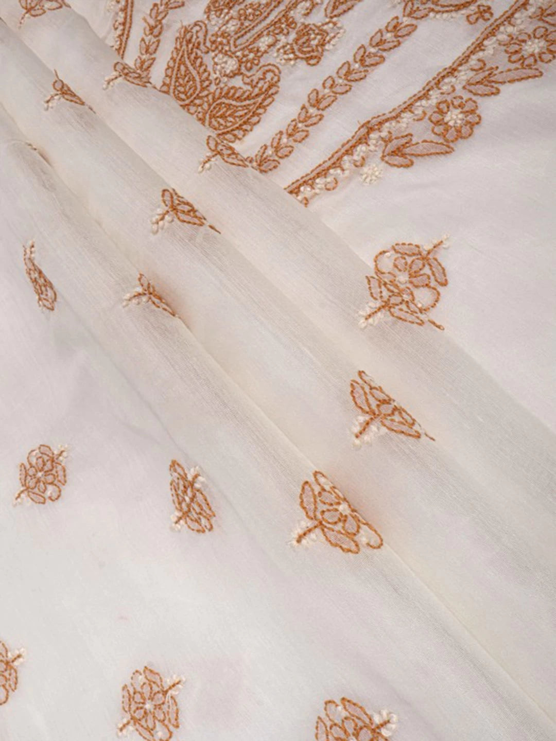Ada Hand Embroidered Cream Chanderi Lucknowi Chikankari Unstitched Kurta Dupatta Set 01A136656
