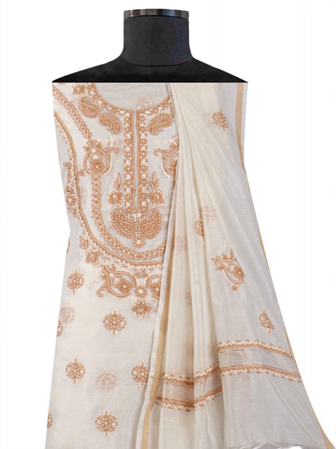 Ada Hand Embroidered Cream Chanderi Lucknowi Chikankari Unstitched Kurta Dupatta Set 01A136656