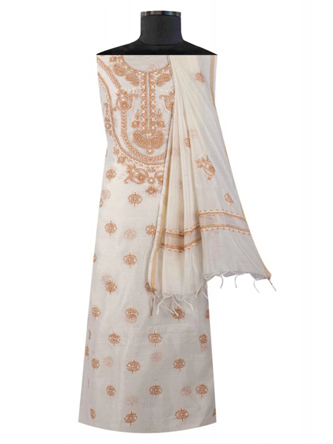 Ada Hand Embroidered Cream Chanderi Lucknowi Chikankari Unstitched Kurta Dupatta Set 01A136656