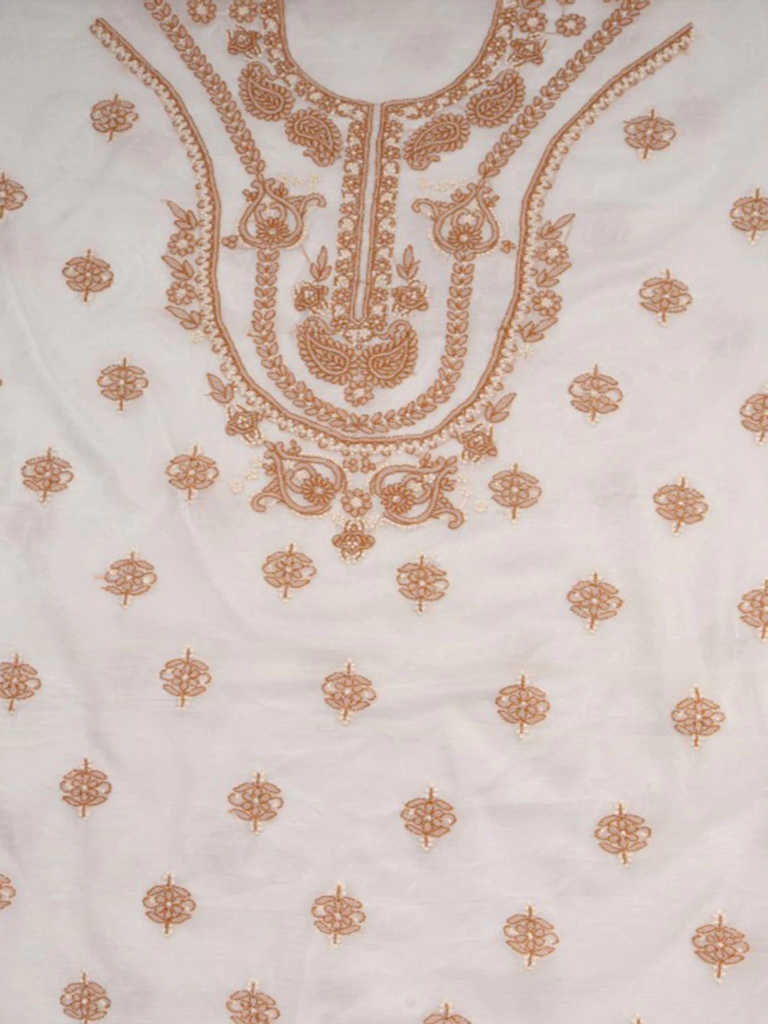 Ada Hand Embroidered Cream Chanderi Lucknowi Chikankari Unstitched Kurta Dupatta Set 01A136656
