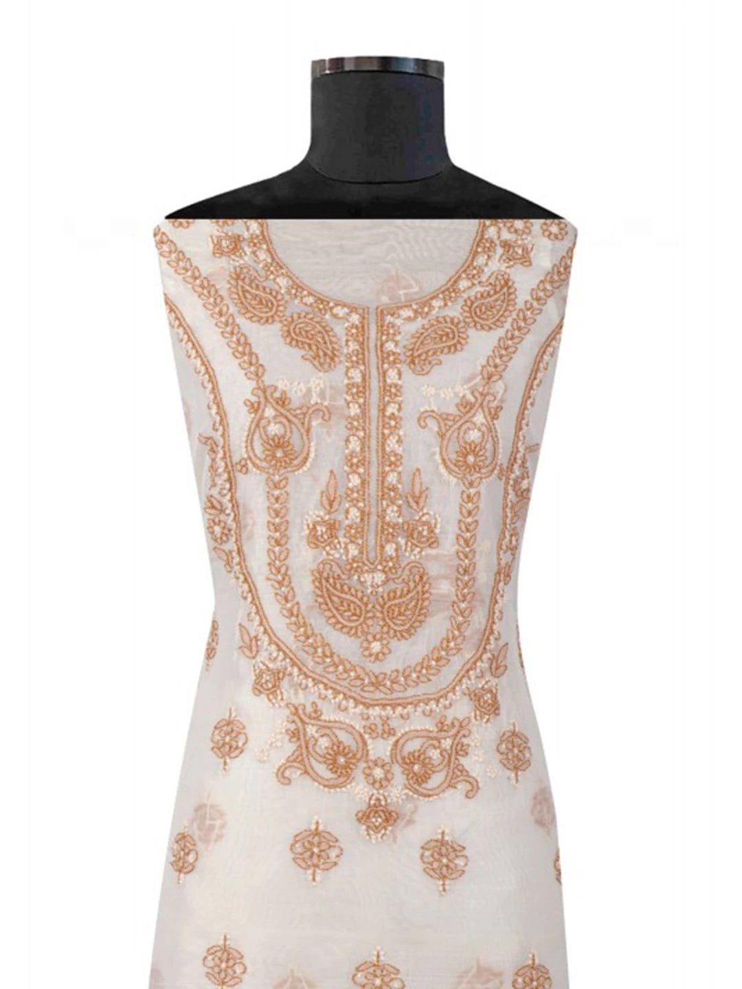 Ada Hand Embroidered Cream Chanderi Lucknowi Chikankari Unstitched Kurta Dupatta Set 01A136656