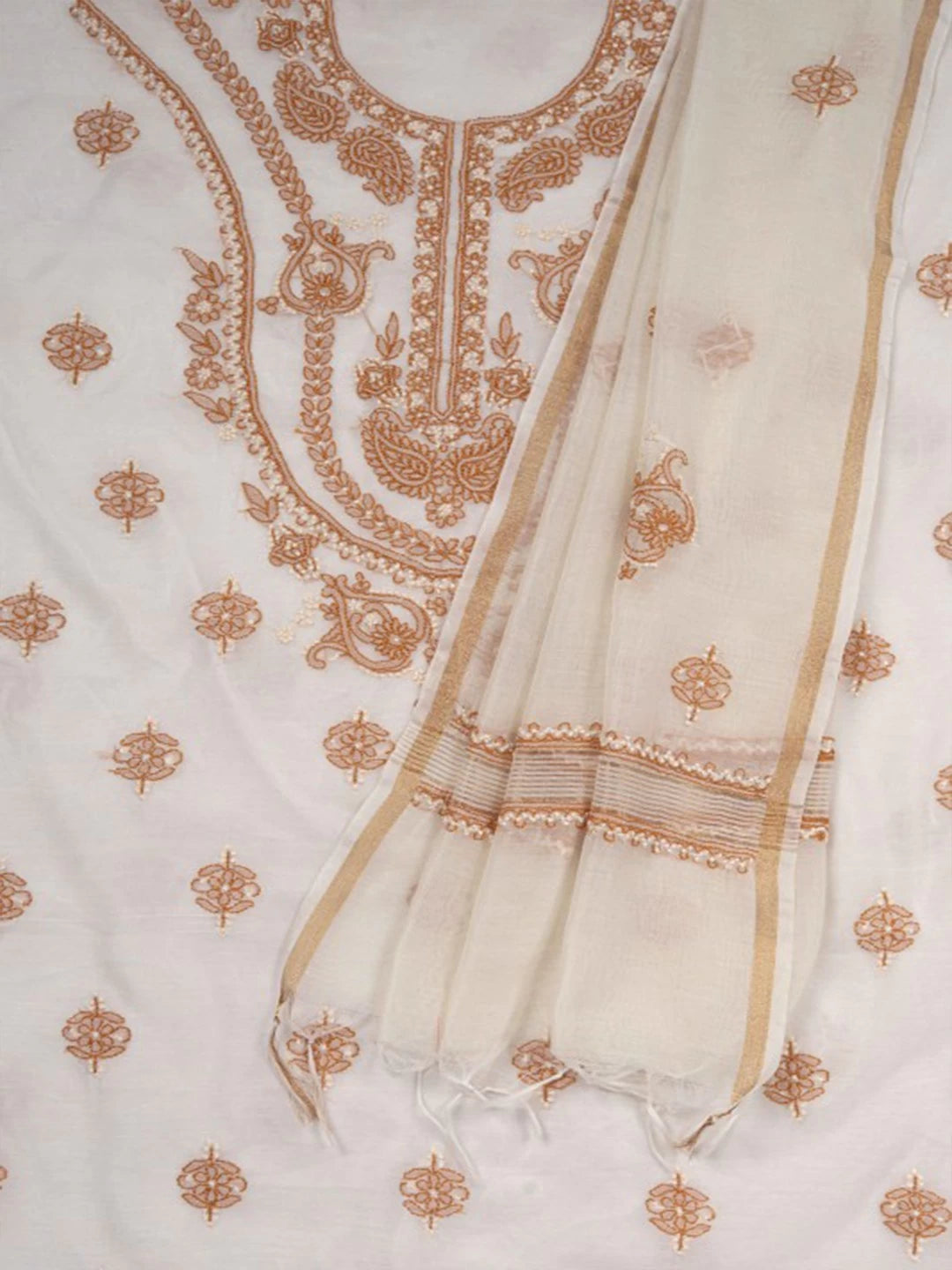 Ada Hand Embroidered Cream Chanderi Lucknowi Chikankari Unstitched Kurta Dupatta Set 01A136656