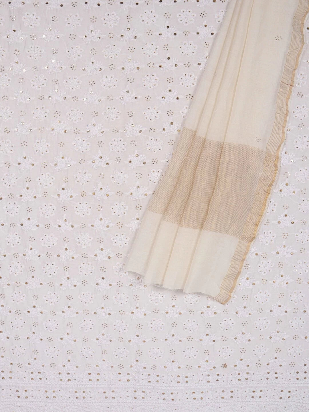 Ada Hand Embroidered White Chanderi Lucknowi Chikankari Unstitched Kurta Dupatta Set With Muqaish Work 01A118711