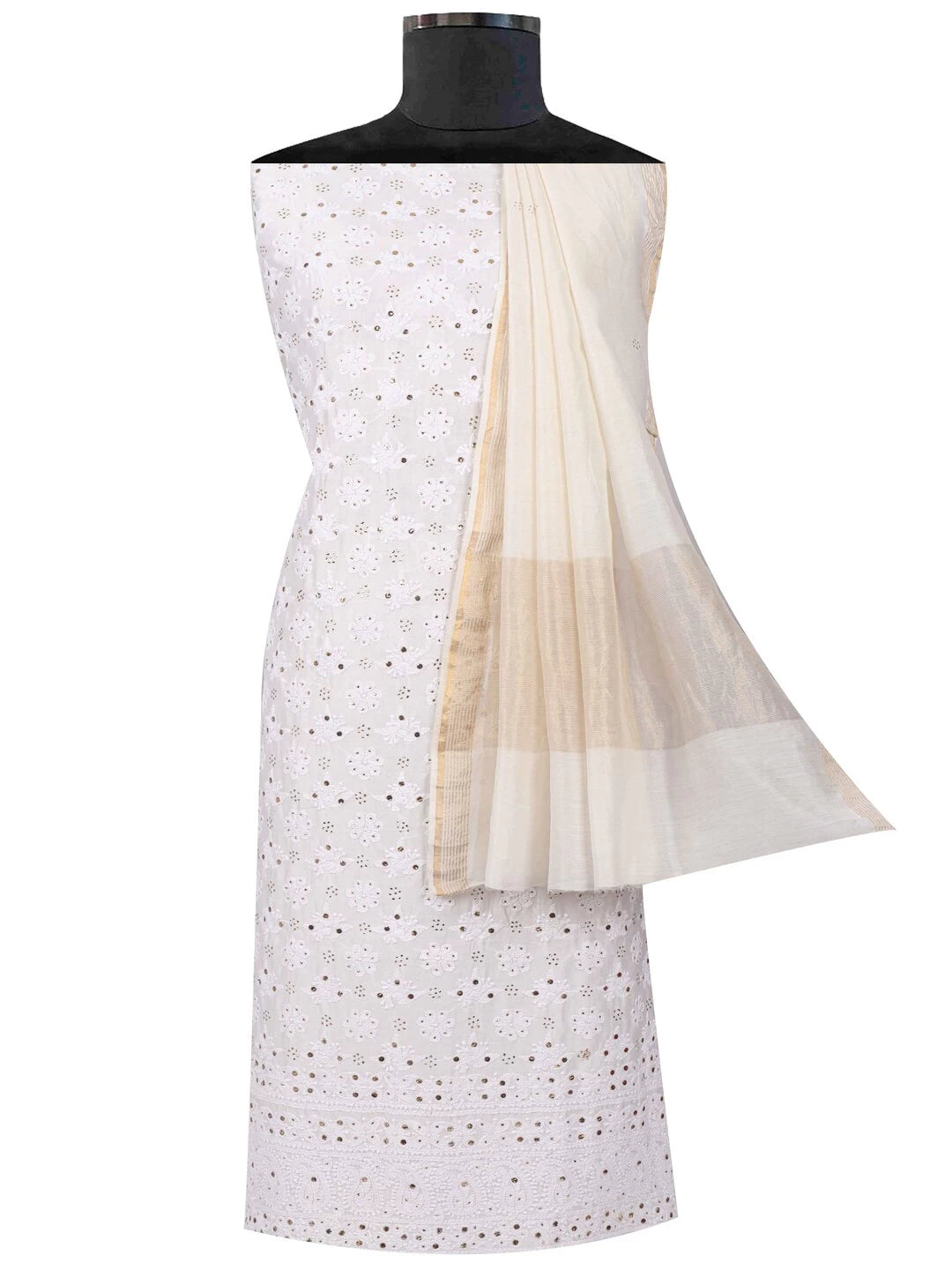 Ada Hand Embroidered White Chanderi Lucknowi Chikankari Unstitched Kurta Dupatta Set With Muqaish Work 01A118711
