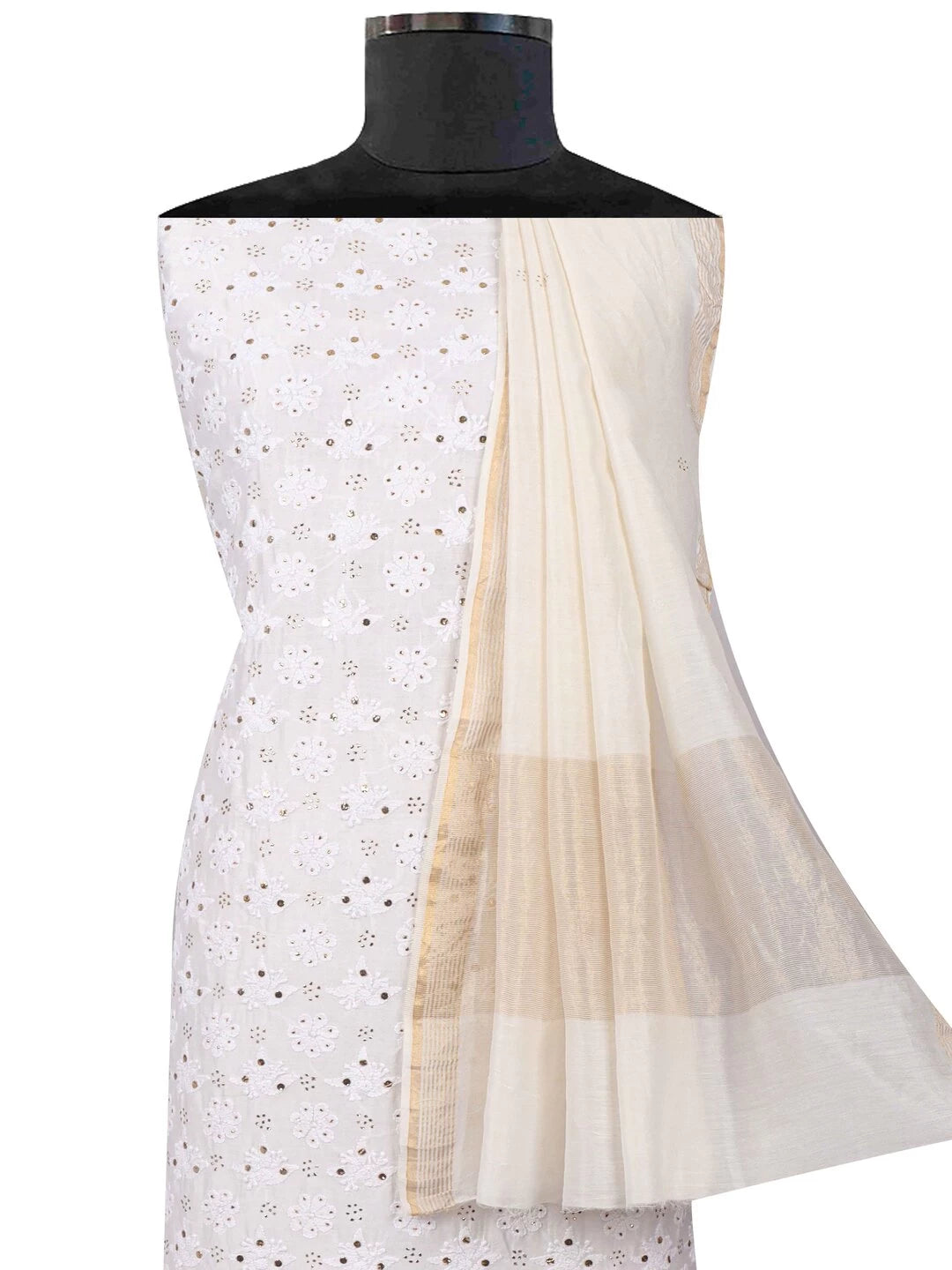 Ada Hand Embroidered White Chanderi Lucknowi Chikankari Unstitched Kurta Dupatta Set With Muqaish Work 01A118711