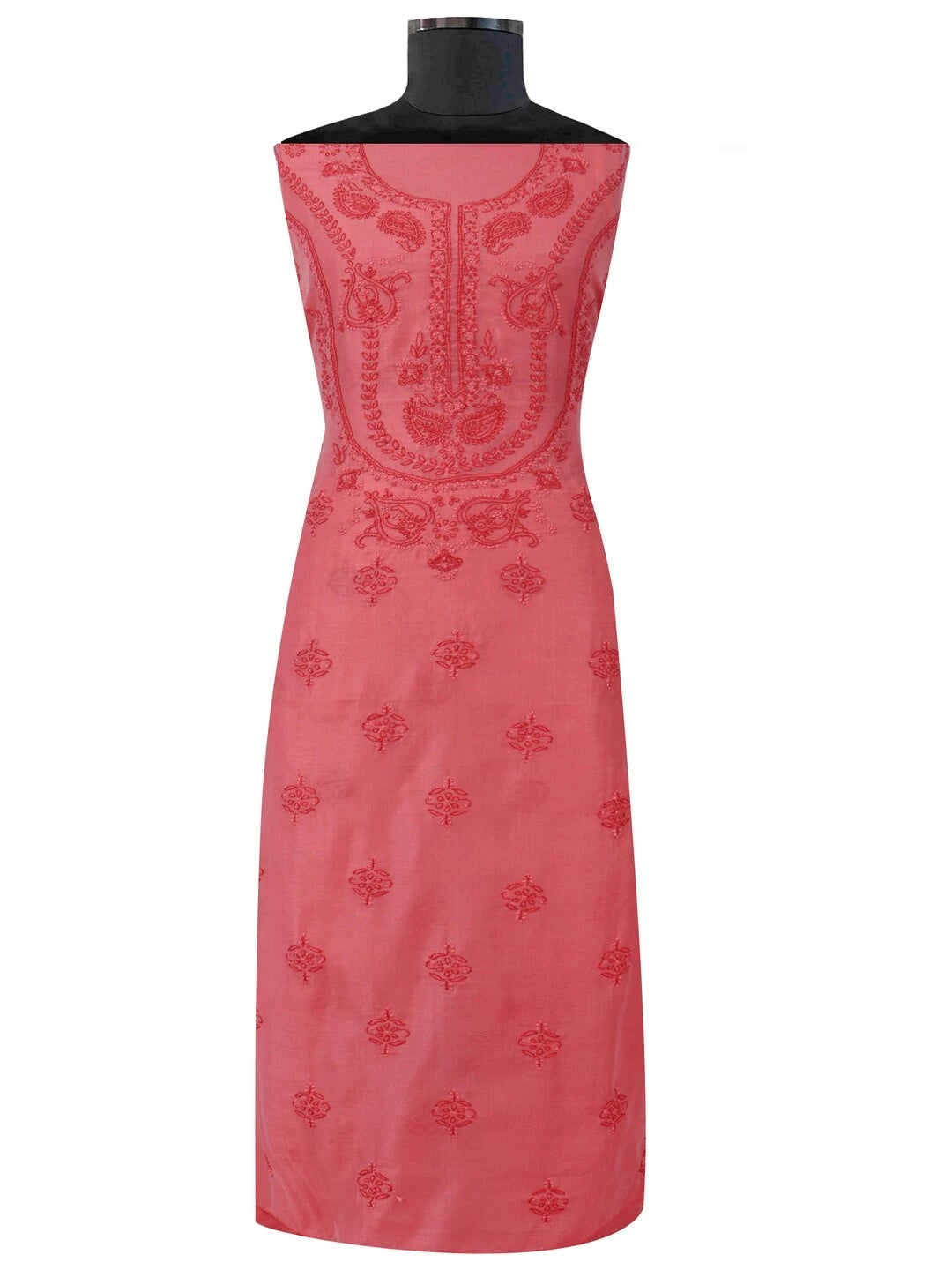 Ada Hand Embroidered Peach Chanderi Lucknowi Chikankari Unstitched Kurta Dupatta Set 01A136651