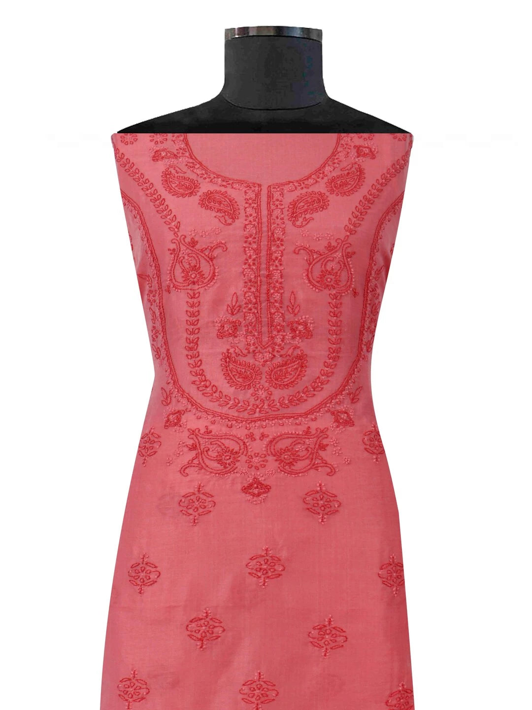 Ada Hand Embroidered Peach Chanderi Lucknowi Chikankari Unstitched Kurta Dupatta Set 01A136651
