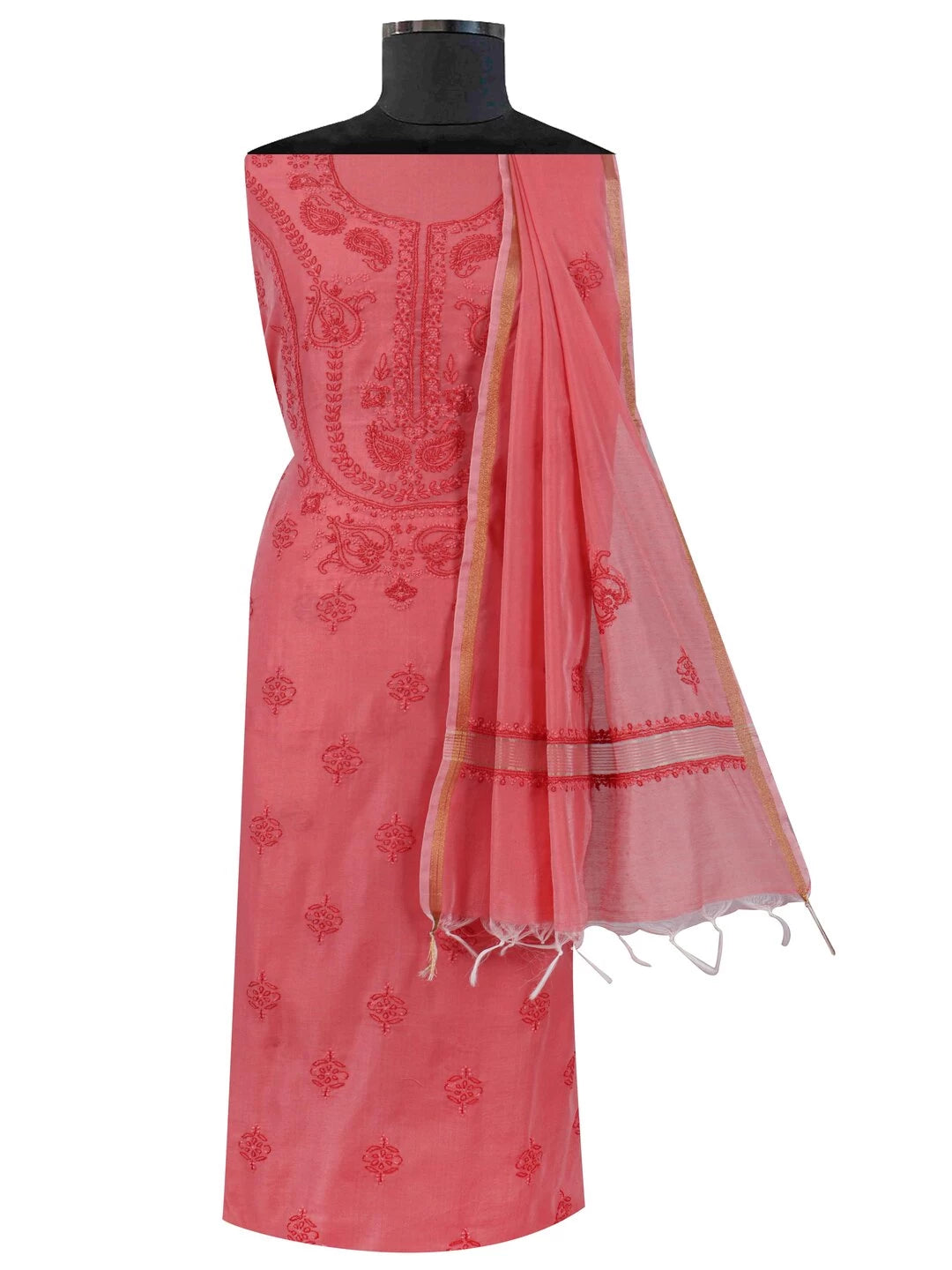 Ada Hand Embroidered Peach Chanderi Lucknowi Chikankari Unstitched Kurta Dupatta Set 01A136651