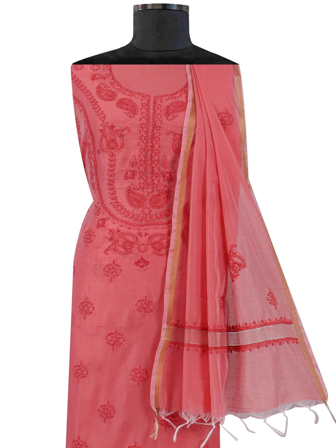 Ada Hand Embroidered Peach Chanderi Lucknowi Chikankari Unstitched Kurta Dupatta Set 01A136651