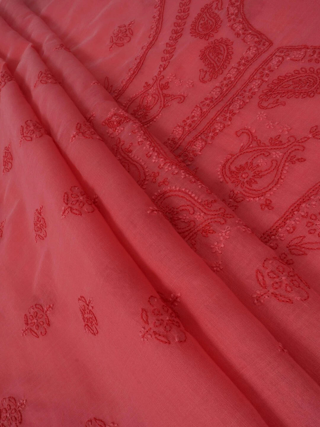 Ada Hand Embroidered Peach Chanderi Lucknowi Chikankari Unstitched Kurta Dupatta Set 01A136651