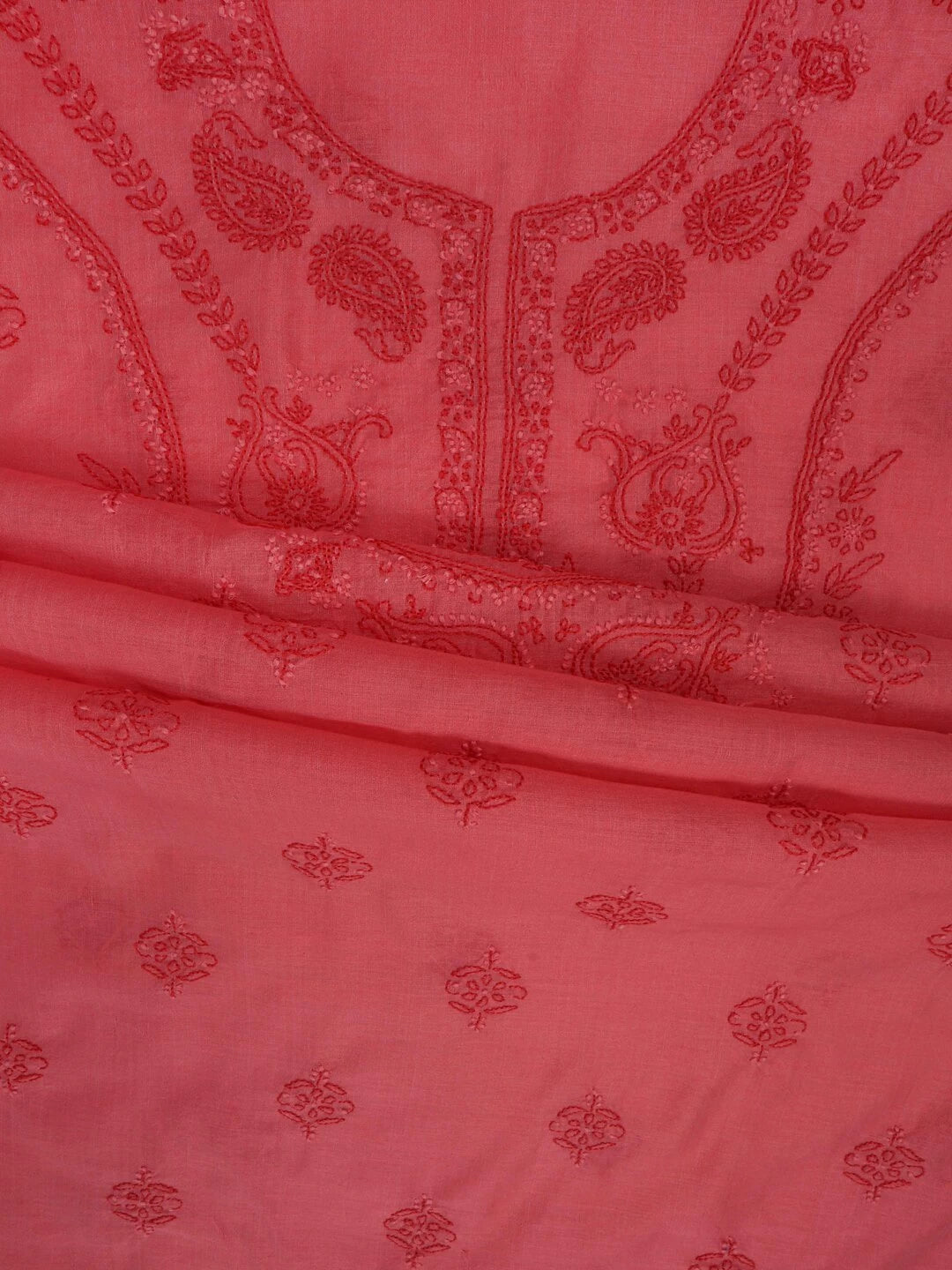 Ada Hand Embroidered Peach Chanderi Lucknowi Chikankari Unstitched Kurta Dupatta Set 01A136651