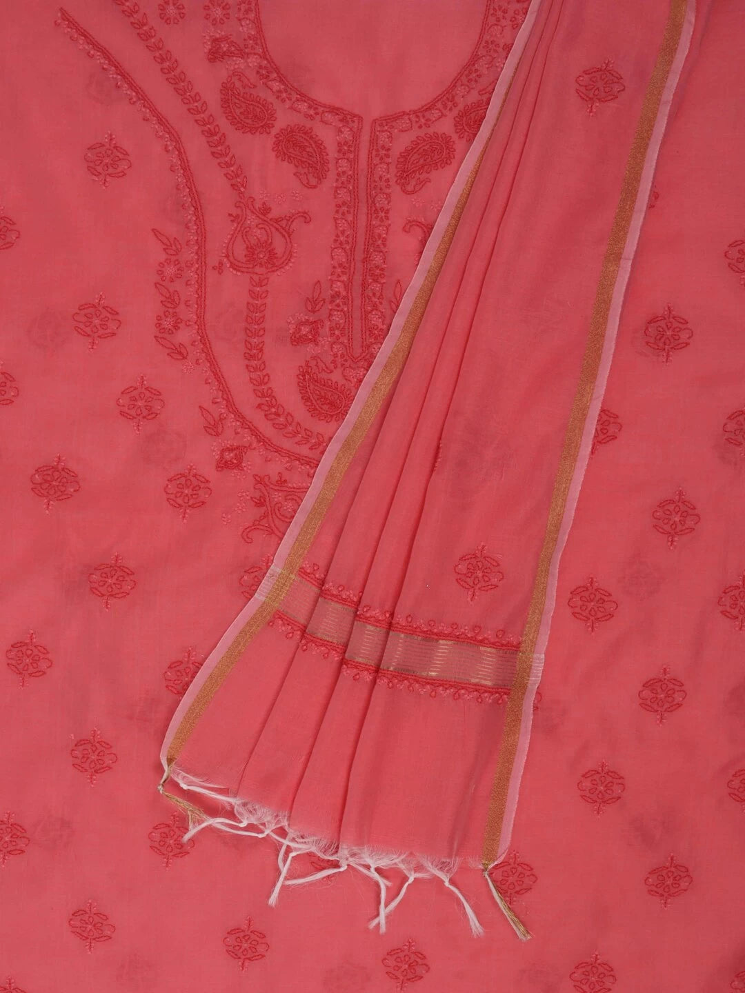 Ada Hand Embroidered Peach Chanderi Lucknowi Chikankari Unstitched Kurta Dupatta Set 01A136651