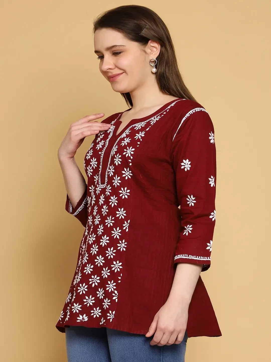 Ada Hand Embroidered Maroon Cotton Lucknowi Chikankari Straight Kurti A911295
