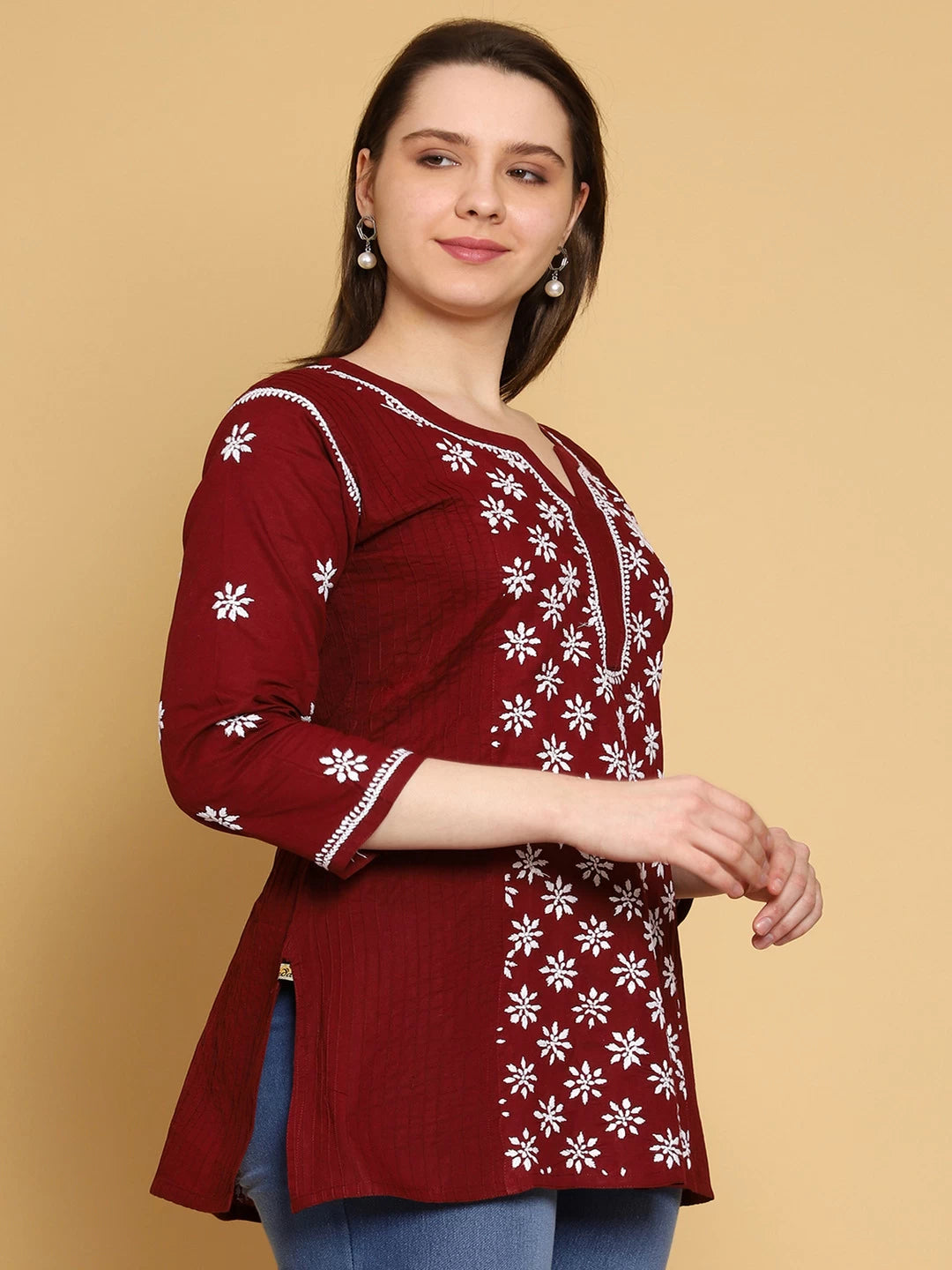 Ada Hand Embroidered Maroon Cotton Lucknowi Chikankari Straight Kurti A911295