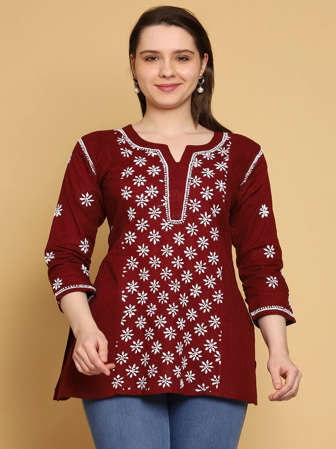 Ada Hand Embroidered Maroon Cotton Lucknowi Chikankari Straight Kurti A911295