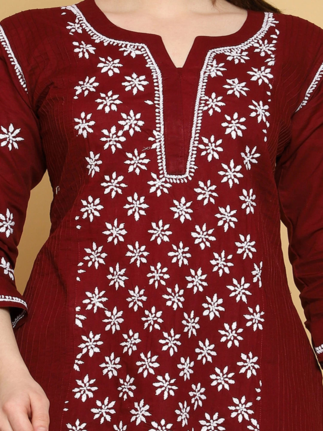 Ada Hand Embroidered Maroon Cotton Lucknowi Chikankari Straight Kurti A911295
