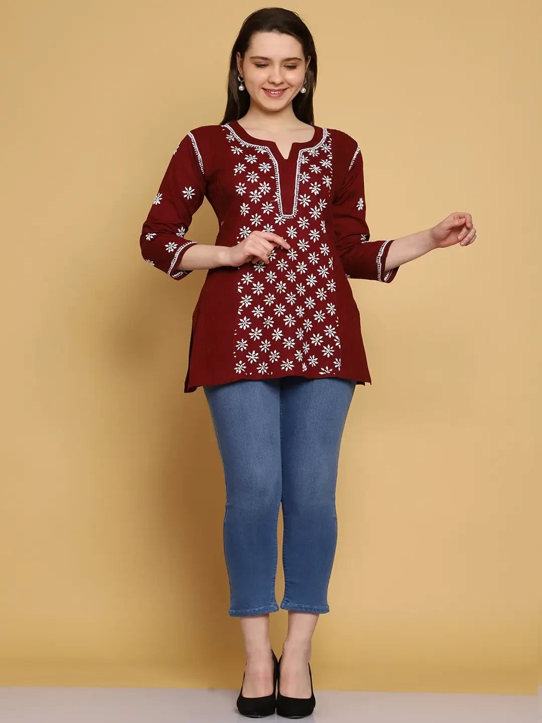 Ada Hand Embroidered Maroon Cotton Lucknowi Chikankari Straight Kurti A911295