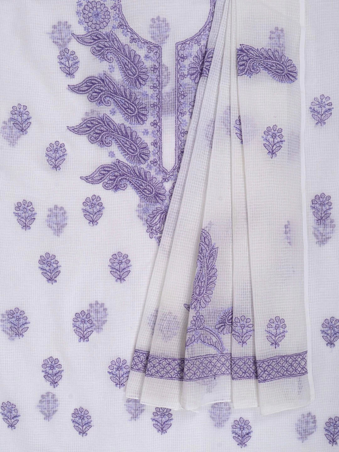 Ada Hand Embroidered White Kota Lucknowi Chikankari Unstitched Kurta Dupatta Set 01A222088