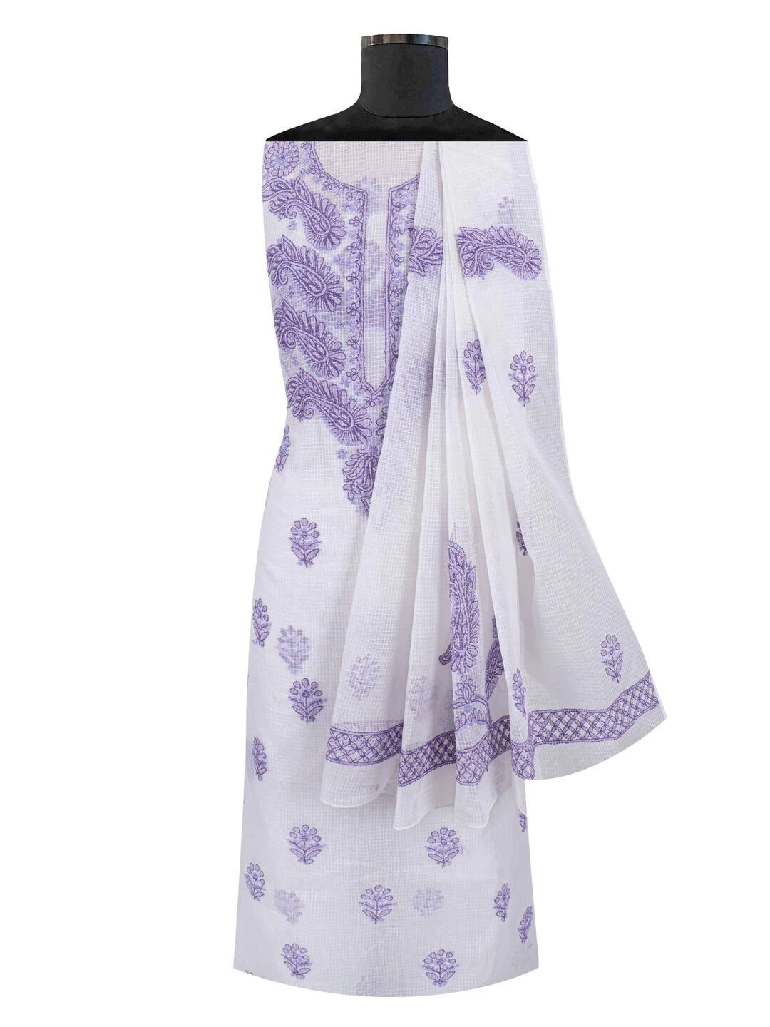 Ada Hand Embroidered White Kota Lucknowi Chikankari Unstitched Kurta Dupatta Set 01A222088
