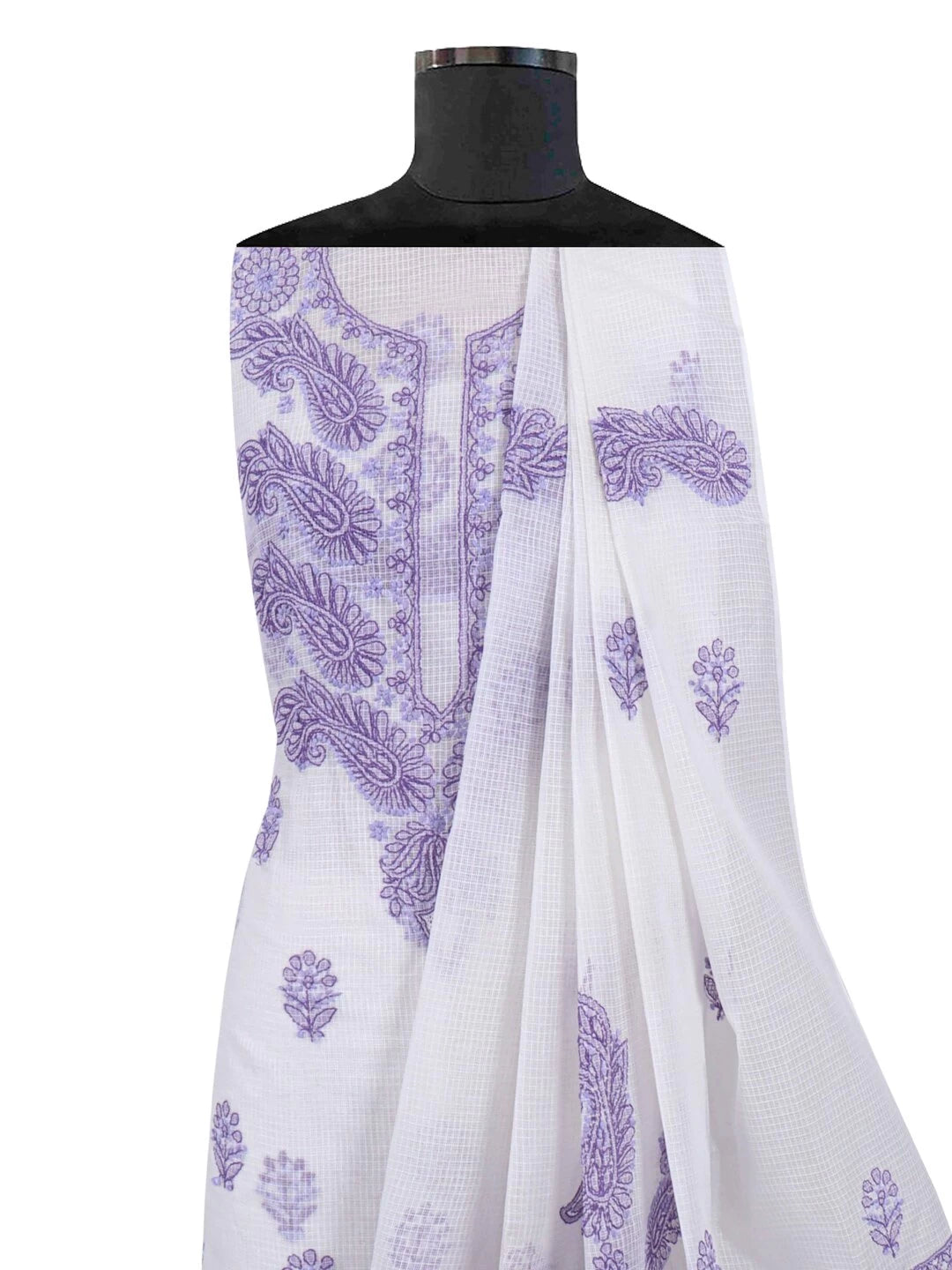 Ada Hand Embroidered White Kota Lucknowi Chikankari Unstitched Kurta Dupatta Set 01A222088