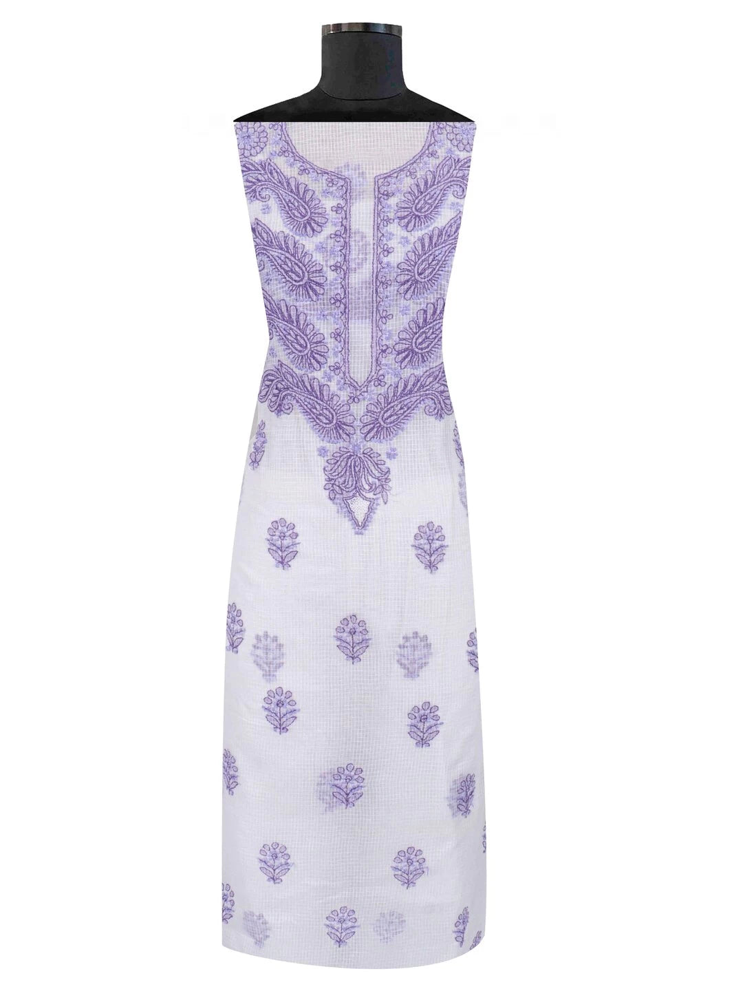 Ada Hand Embroidered White Kota Lucknowi Chikankari Unstitched Kurta Dupatta Set 01A222088