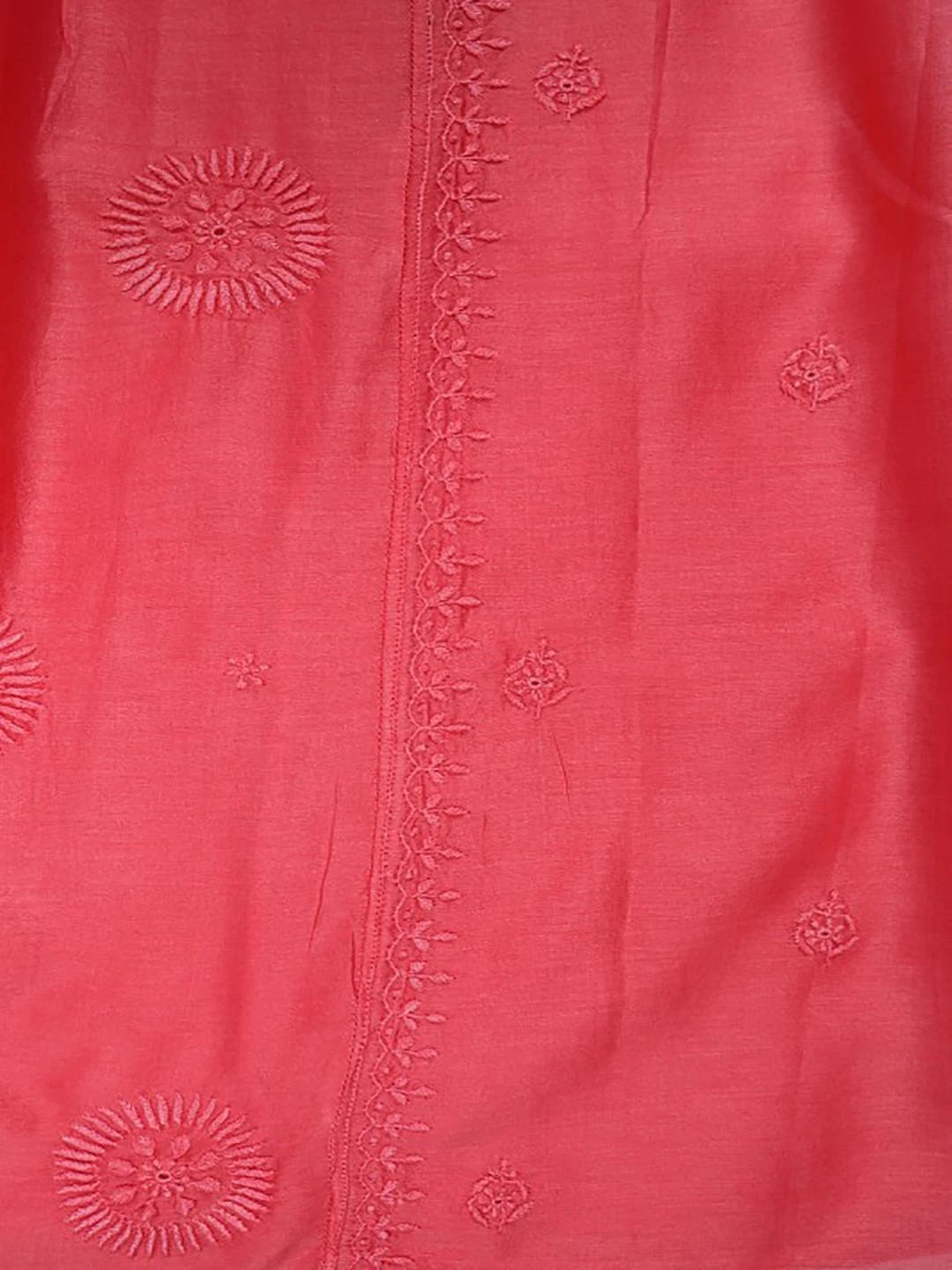 Ada Hand Embroidered Carrot Pink Chanderi Lucknowi Chikankari Stitched Kurta Dupatta Set 01A131553