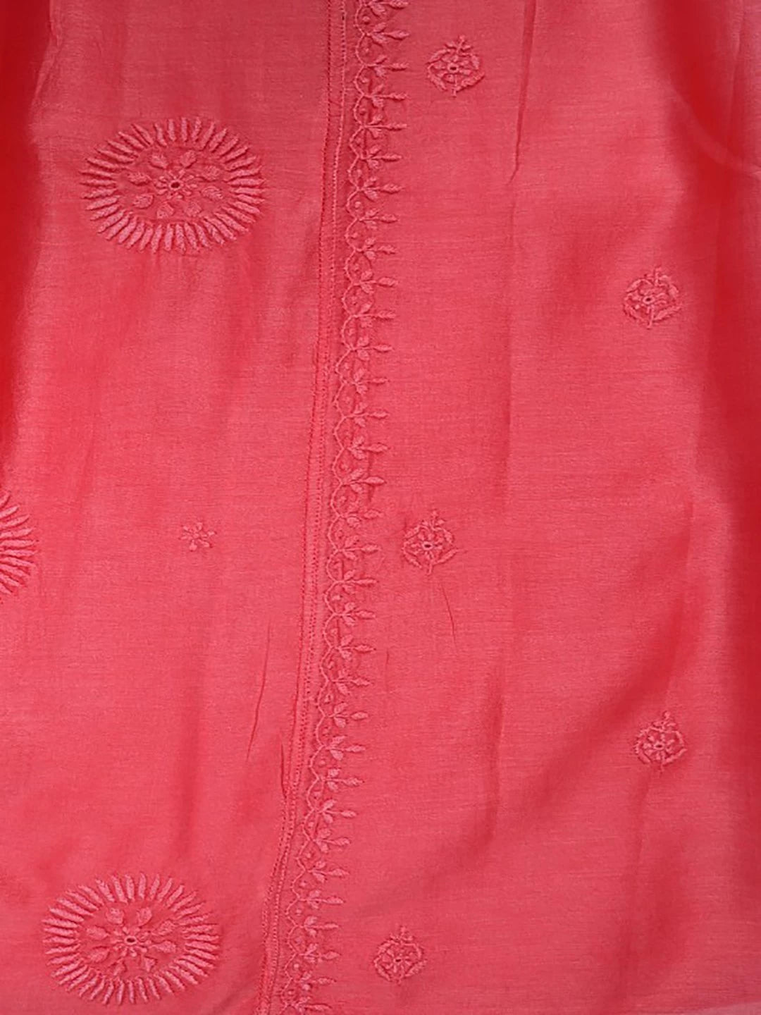 Ada Hand Embroidered Carrot Pink Chanderi Lucknowi Chikankari Stitched Kurta Dupatta Set 01A131553