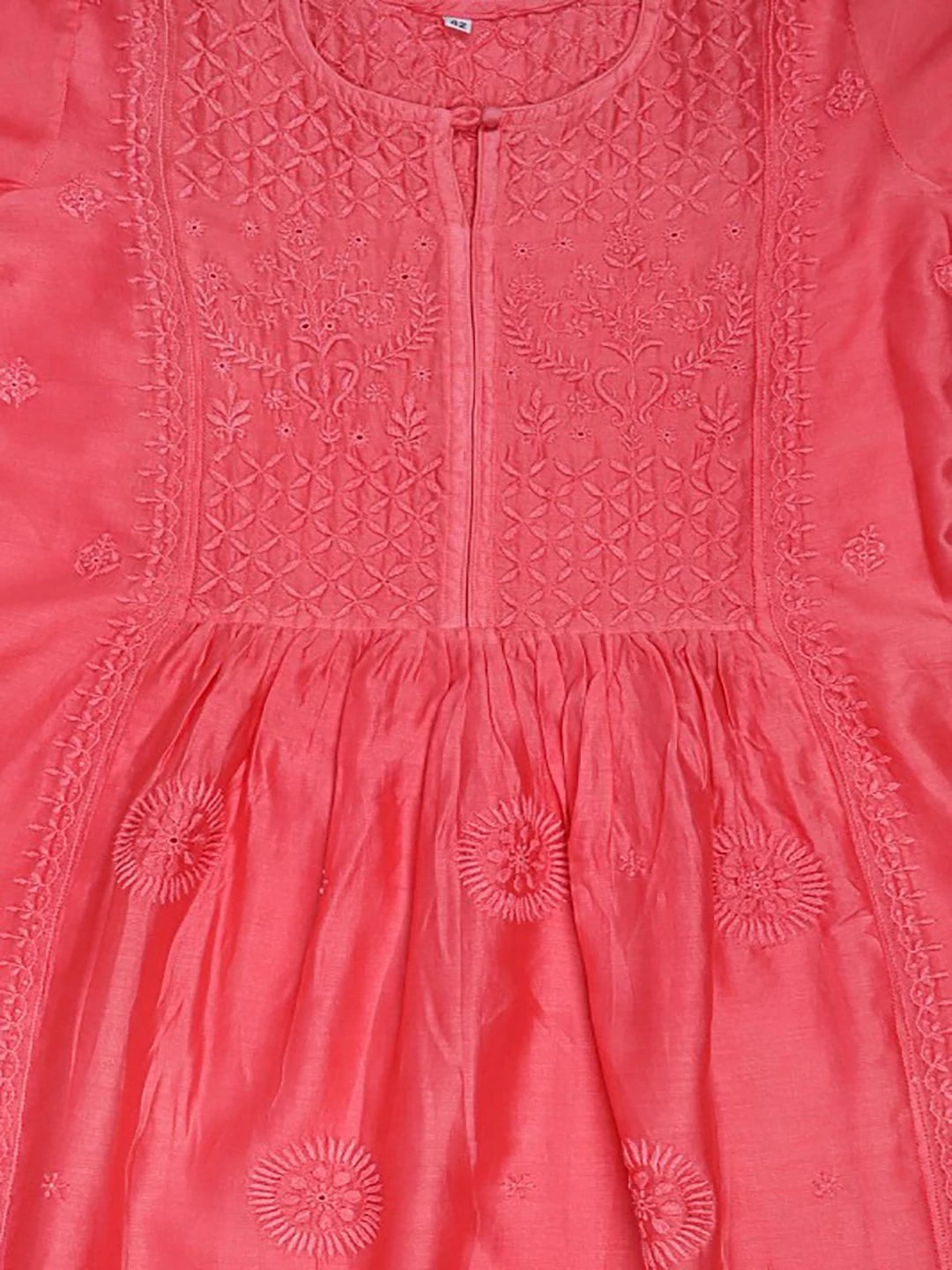 Ada Hand Embroidered Carrot Pink Chanderi Lucknowi Chikankari Stitched Kurta Dupatta Set 01A131553