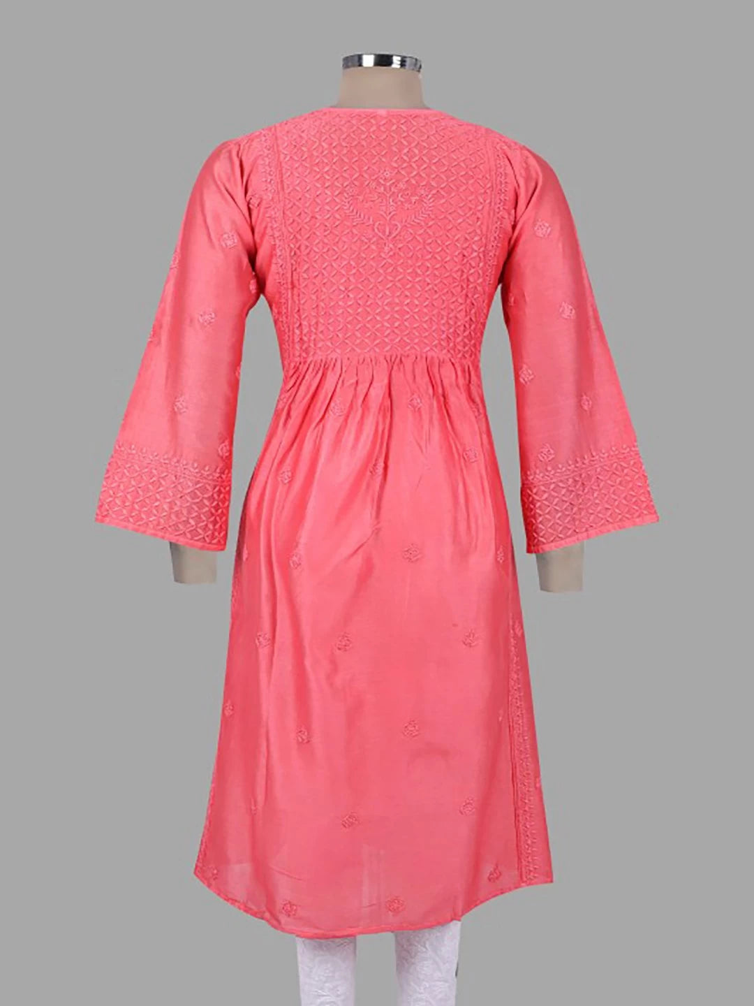 Ada Hand Embroidered Carrot Pink Chanderi Lucknowi Chikankari Stitched Kurta Dupatta Set 01A131553