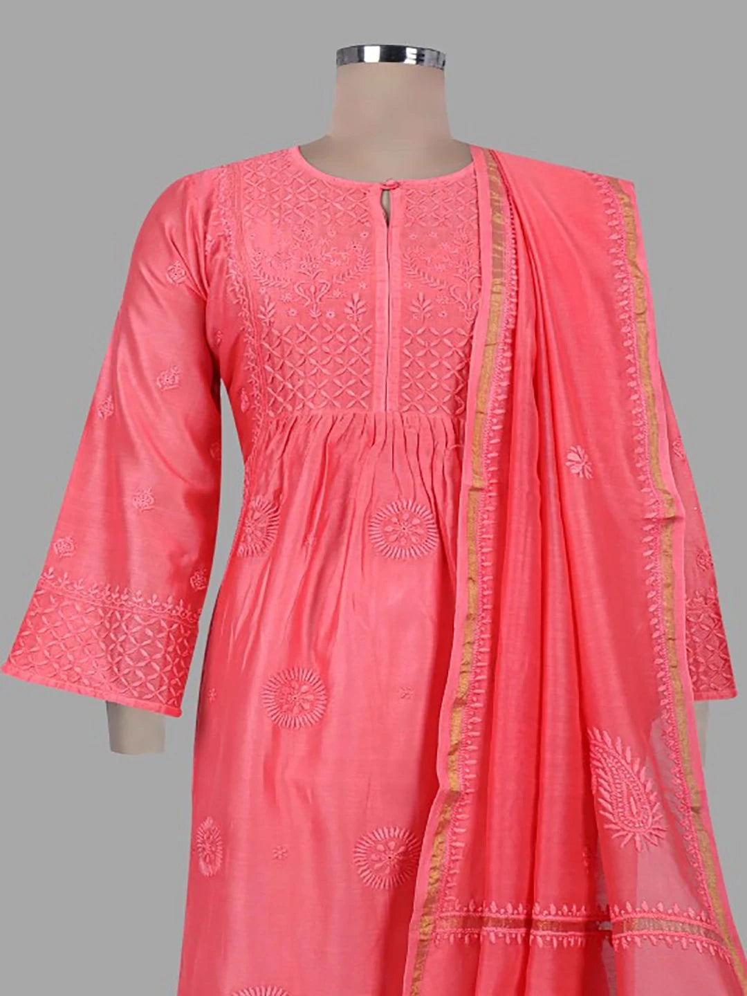 Ada Hand Embroidered Carrot Pink Chanderi Lucknowi Chikankari Stitched Kurta Dupatta Set 01A131553