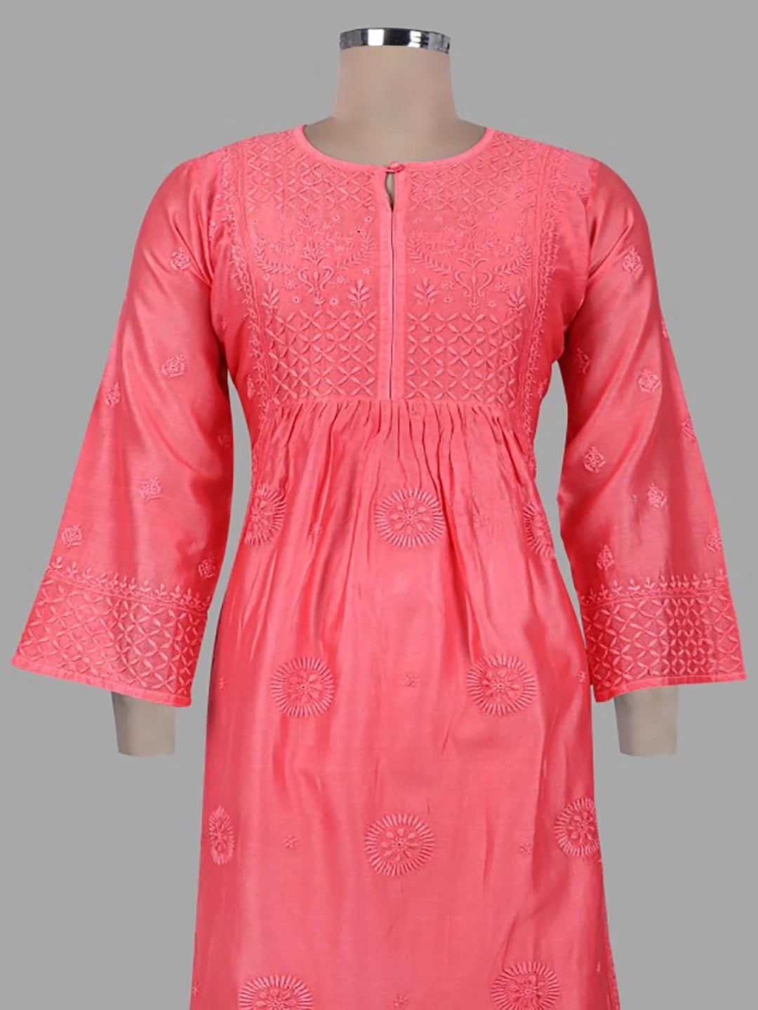 Ada Hand Embroidered Carrot Pink Chanderi Lucknowi Chikankari Stitched Kurta Dupatta Set 01A131553
