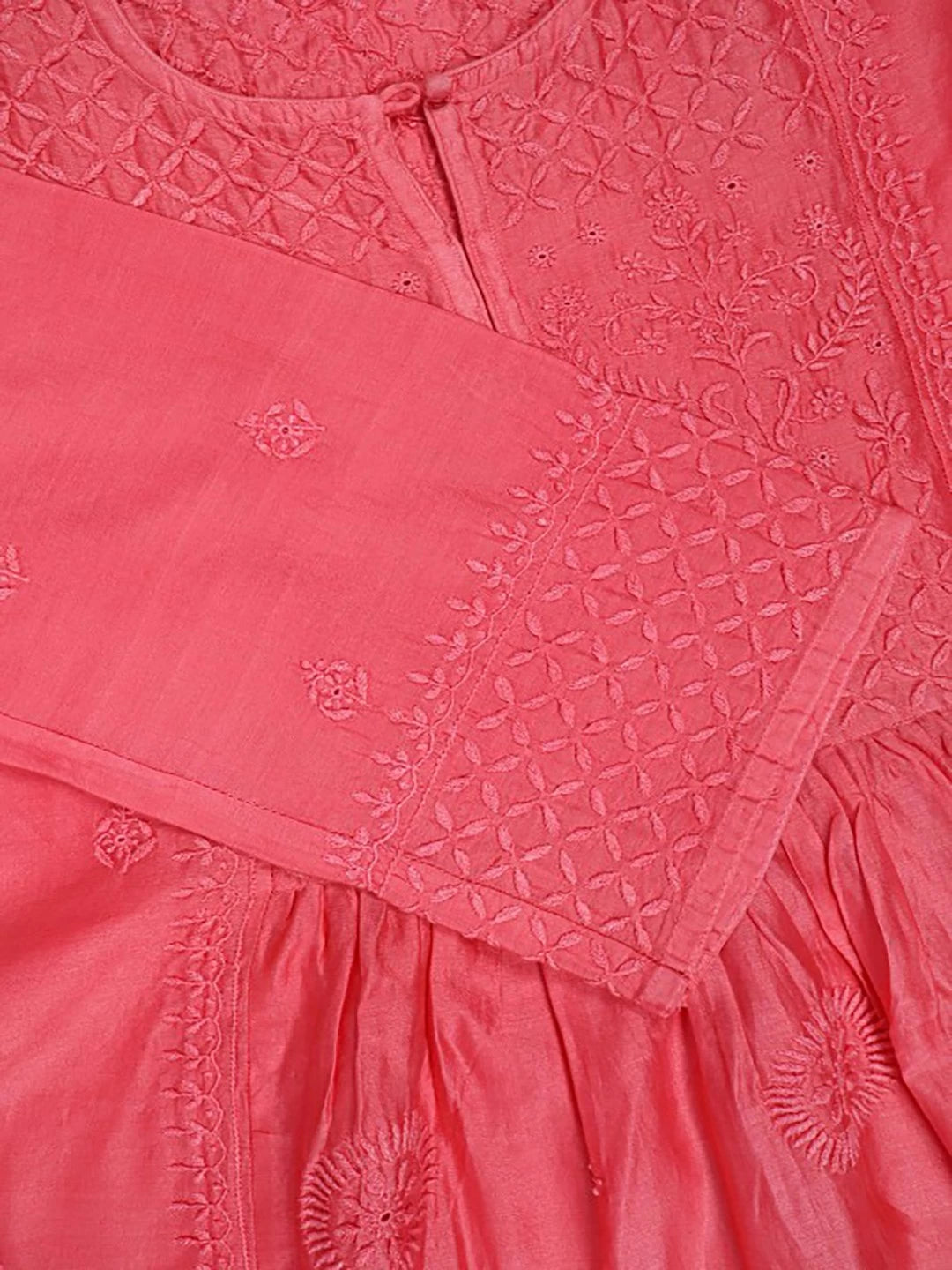 Ada Hand Embroidered Carrot Pink Chanderi Lucknowi Chikankari Stitched Kurta Dupatta Set 01A131553