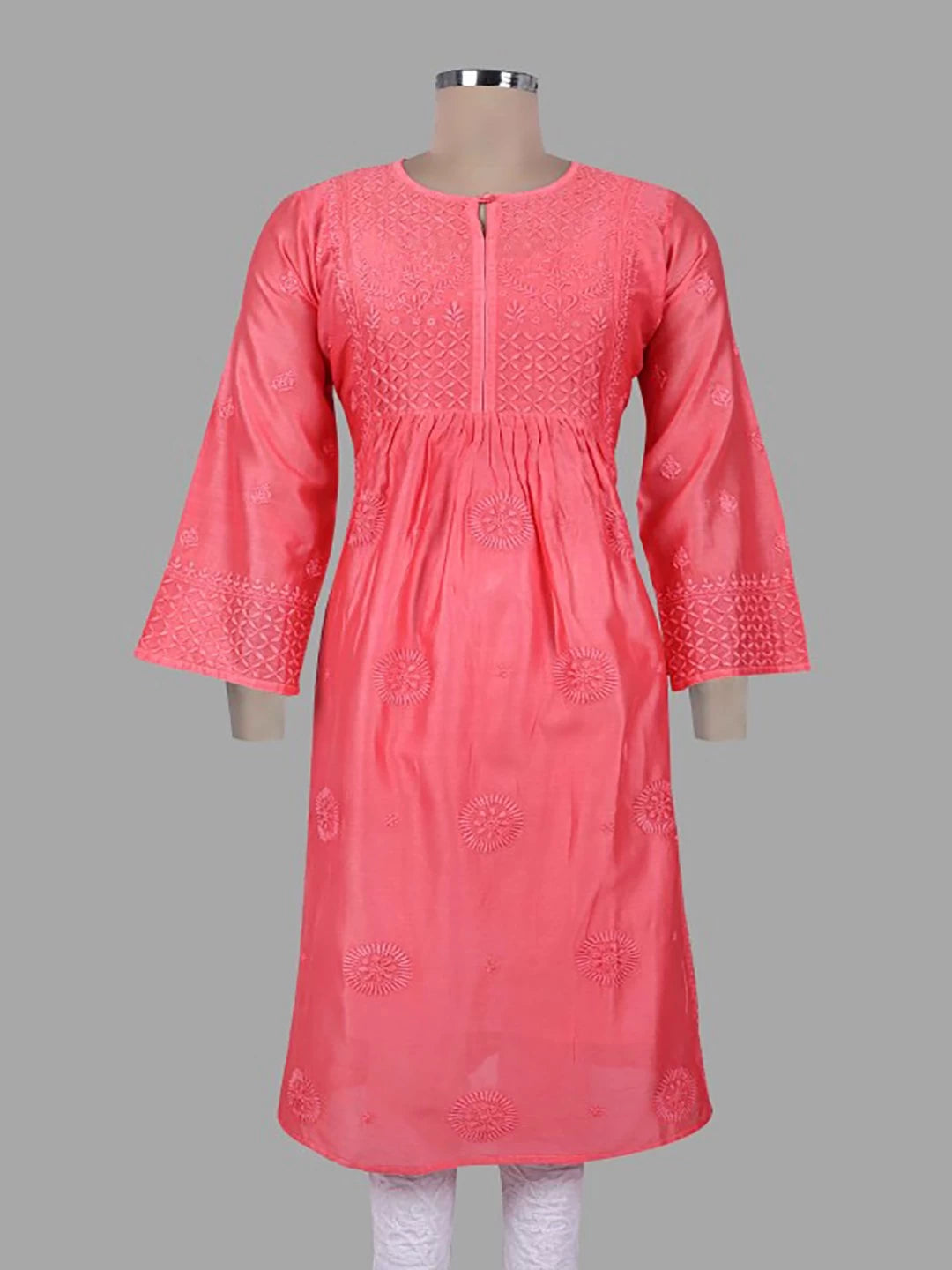 Ada Hand Embroidered Carrot Pink Chanderi Lucknowi Chikankari Stitched Kurta Dupatta Set 01A131553