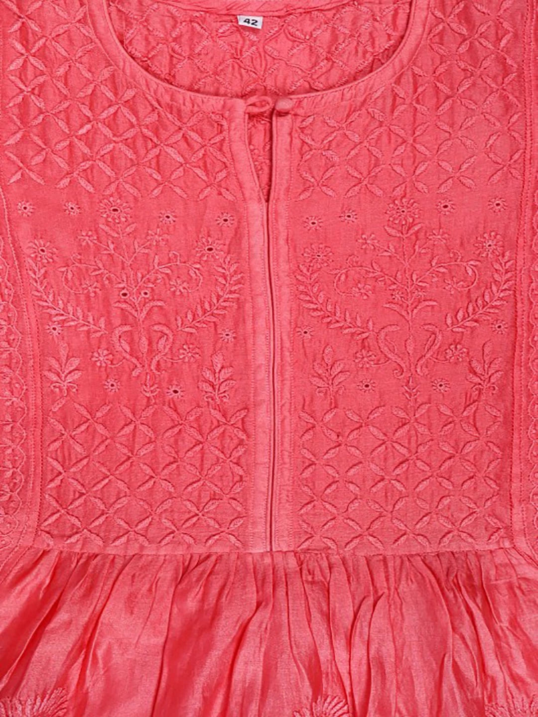 Ada Hand Embroidered Carrot Pink Chanderi Lucknowi Chikankari Stitched Kurta Dupatta Set 01A131553