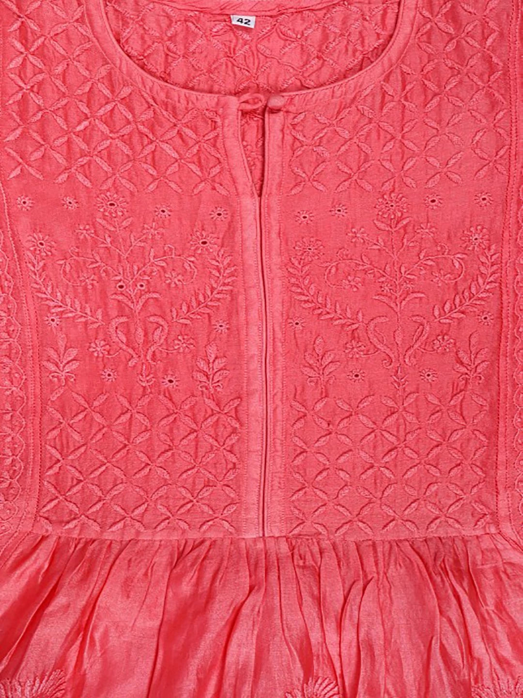 Ada Hand Embroidered Carrot Pink Chanderi Lucknowi Chikankari Stitched Kurta Dupatta Set 01A131553