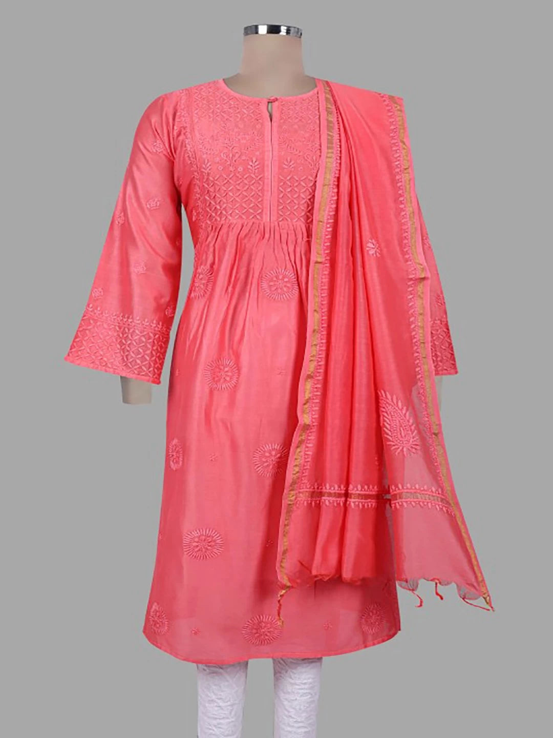 Ada Hand Embroidered Carrot Pink Chanderi Lucknowi Chikankari Stitched Kurta Dupatta Set 01A131553