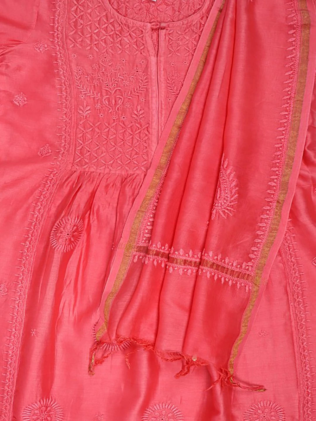 Ada Hand Embroidered Carrot Pink Chanderi Lucknowi Chikankari Stitched Kurta Dupatta Set 01A131553