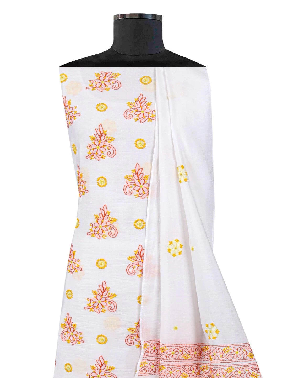 Ada Hand Embroidered White Chanderi Lucknowi Chikankari Unstitched Kurta Dupatta Set 01A158014